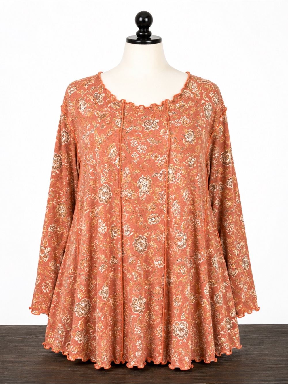 Cato 2X Terracotta Floral Tunic Top Boho Swing Knit Plus Size - Picture 2 of 9